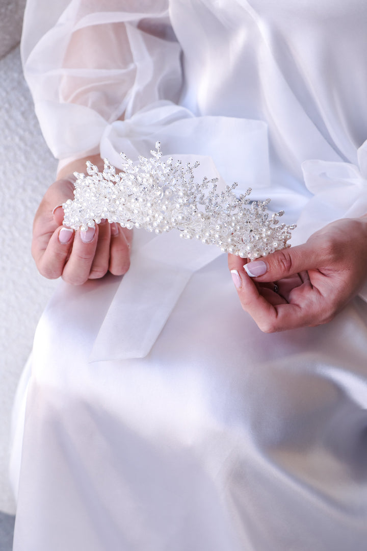 A closer look of Dilara tiara showcasing dazzling crystals and pearls