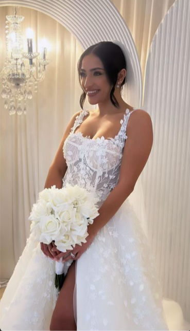 Bride looking lovely in white dress wearing Jasmine Gold Plated earrings