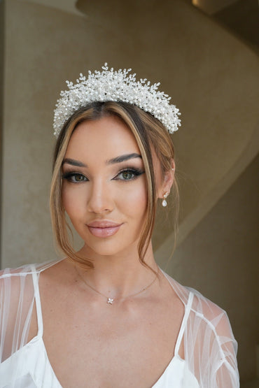 Beautiful bride in tiara and Jasmine Gold Plated earrings