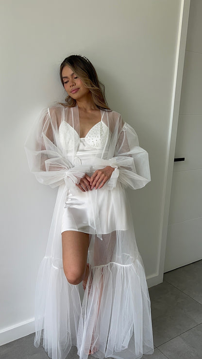 Pleated Sleeves Tulle Bridal Robe