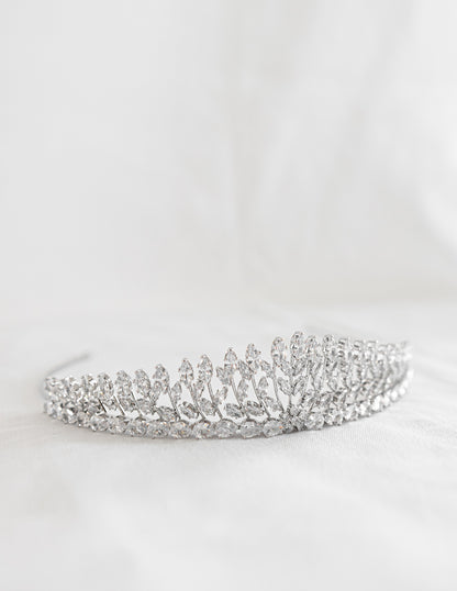 A closeup look of Abby bridal tiara with sparkling diamonds