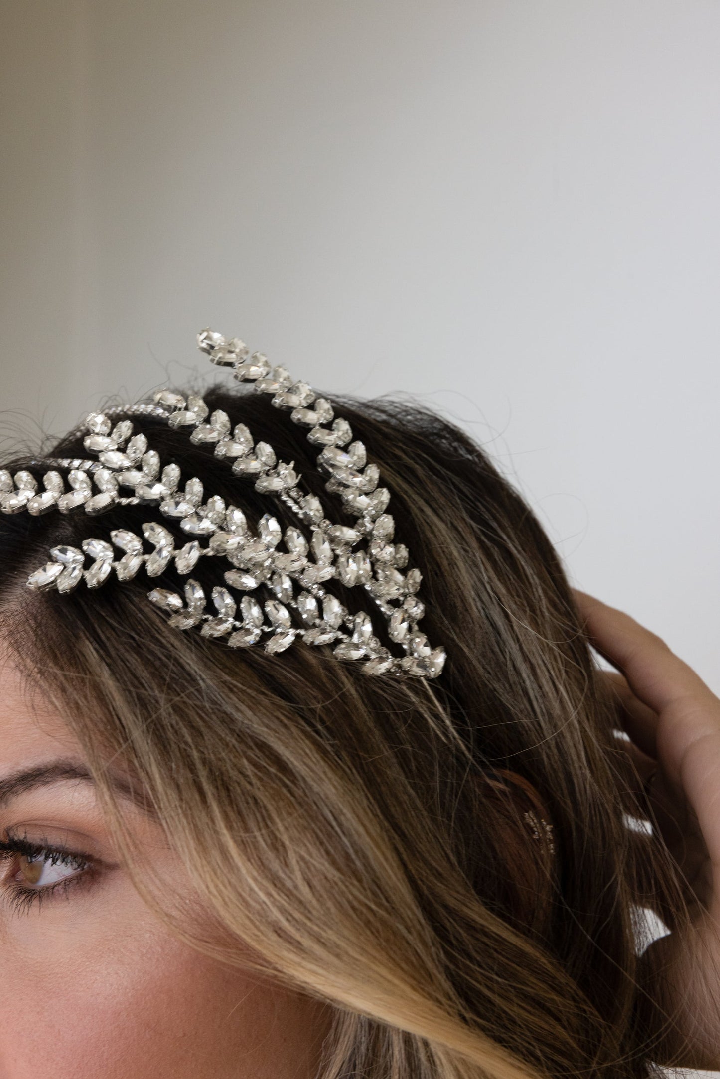 A detailed look of beautiful Celosia headpiece with crystals